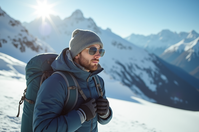 montagne-hiver-vieux-ski Personne en montagne enneigee ajustant son sac a dos avec gants techniques