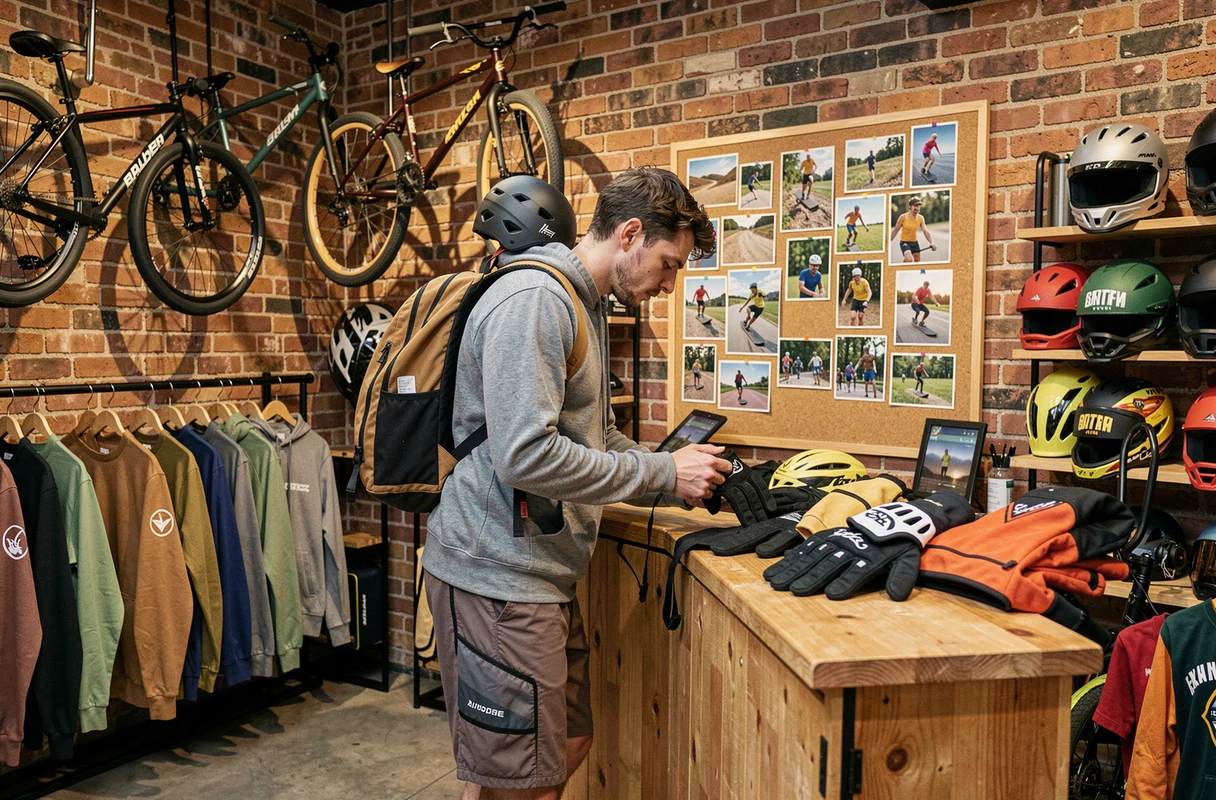 Boutique O-Rider'S avec équipements de sport outdoor, vêtements de ride et décor de photographies de riders