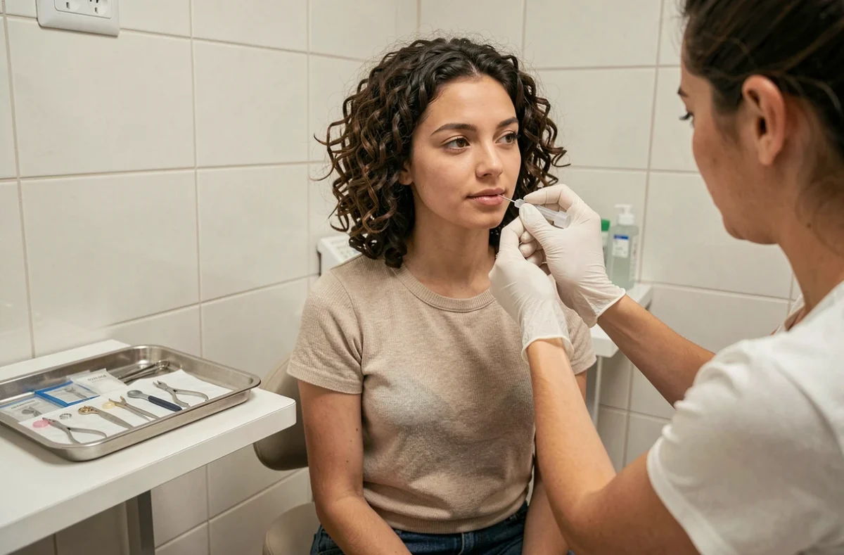 Jeune femme se faisant percer les oreilles par un bijoutier qualifié dans un studio de perçage hygiénique