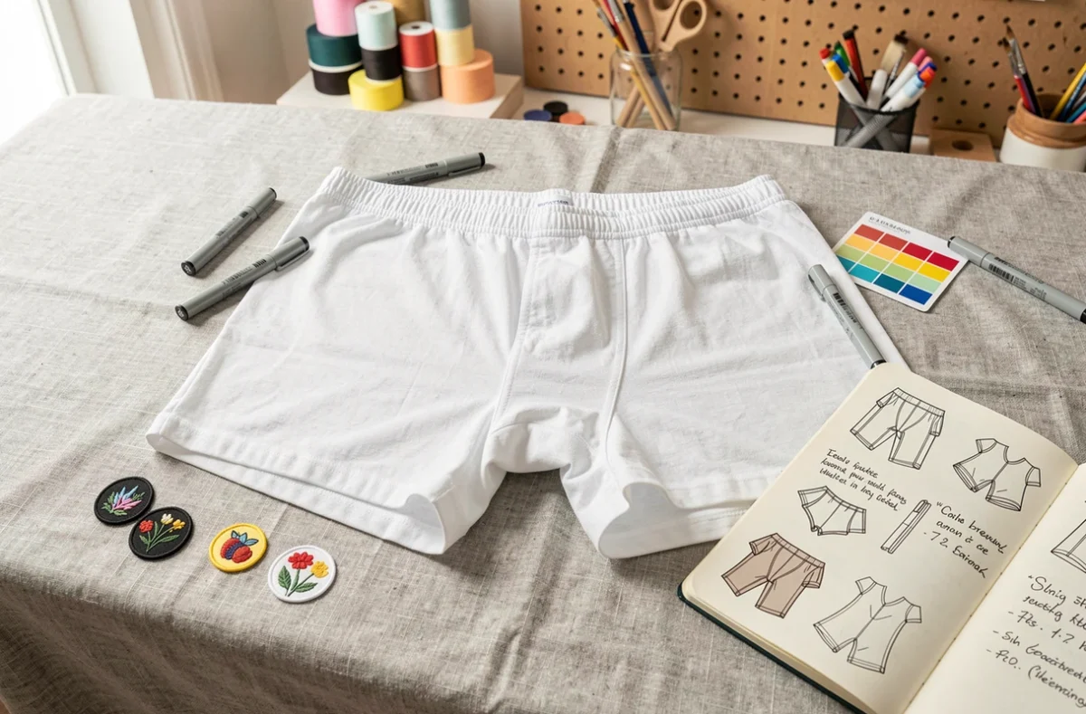 Scène de personnalisation de boxer avec outils de création, marqueurs et patches sur surface en lin