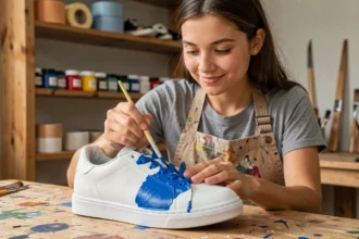 Jeune femme peignant une sneaker blanche avec de la peinture acrylique bleue dans un atelier créatif à la maison