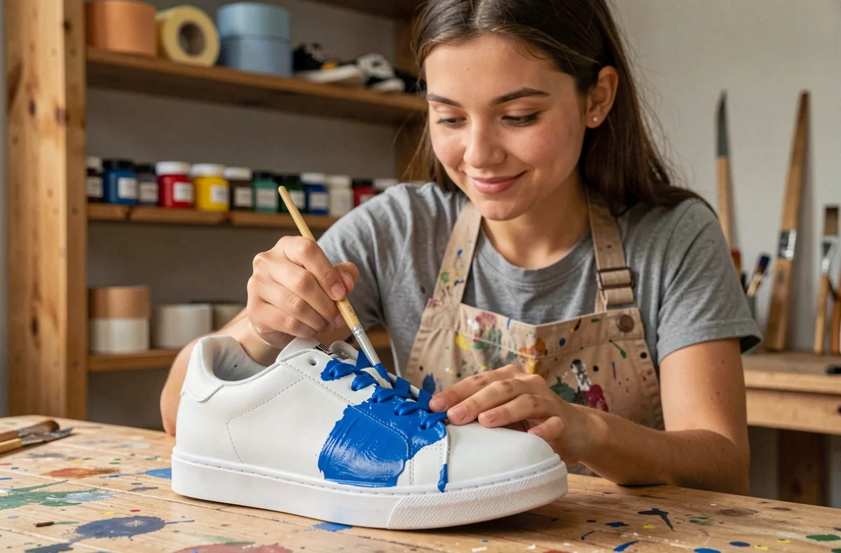 Jeune femme peignant une sneaker blanche avec de la peinture acrylique bleue dans un atelier créatif à la maison