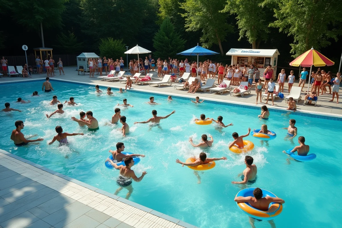 Piscine à vagues bondée au parc aquatique Pilou de Givors en été