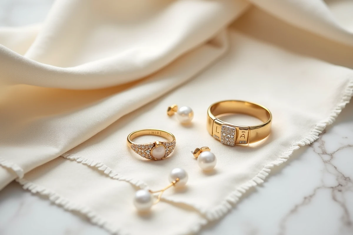Plat posé de bijoux de luxe en or et diamants sur tissu lin blanc avec étiquettes de marque élégantes