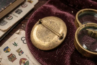 Poinçon gravé sur un bijou ancien en or posé sur velours bordeaux avec loupe de joaillier
