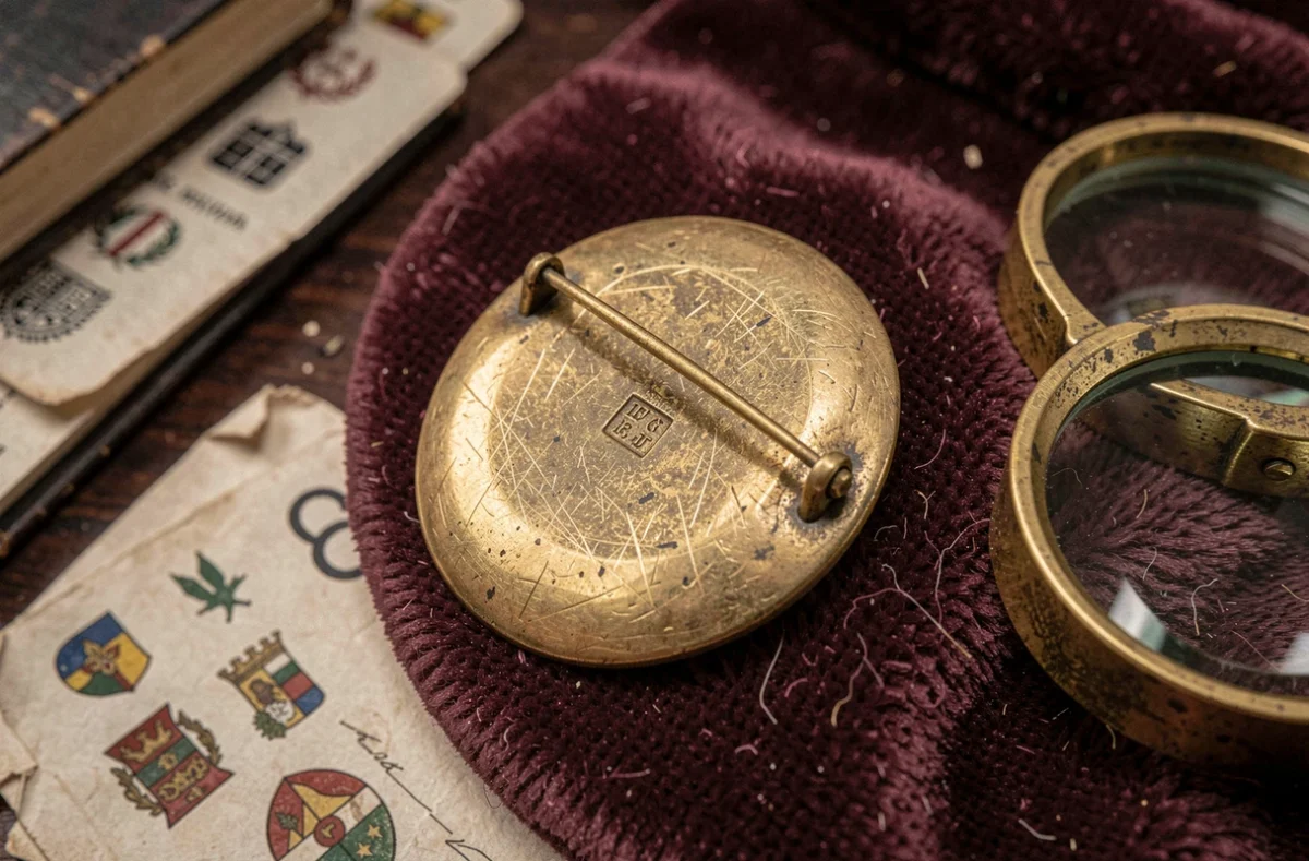 Poinçon gravé sur un bijou ancien en or posé sur velours bordeaux avec loupe de joaillier