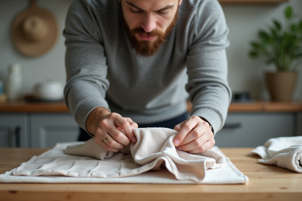 Jeune homme préparant une écharpe en soie sur une table de cuisine