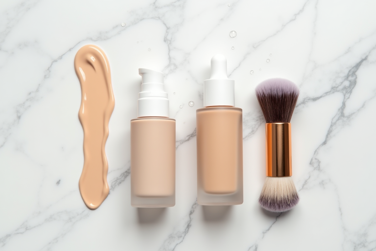 Plan rapproché de produits hydratants et fond de teint sur surface marbre