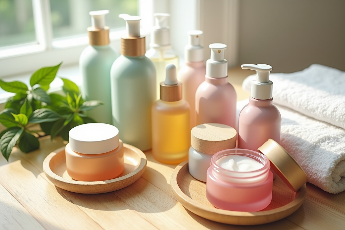 Potions et crèmes de soin coréen sur plateau en bambou