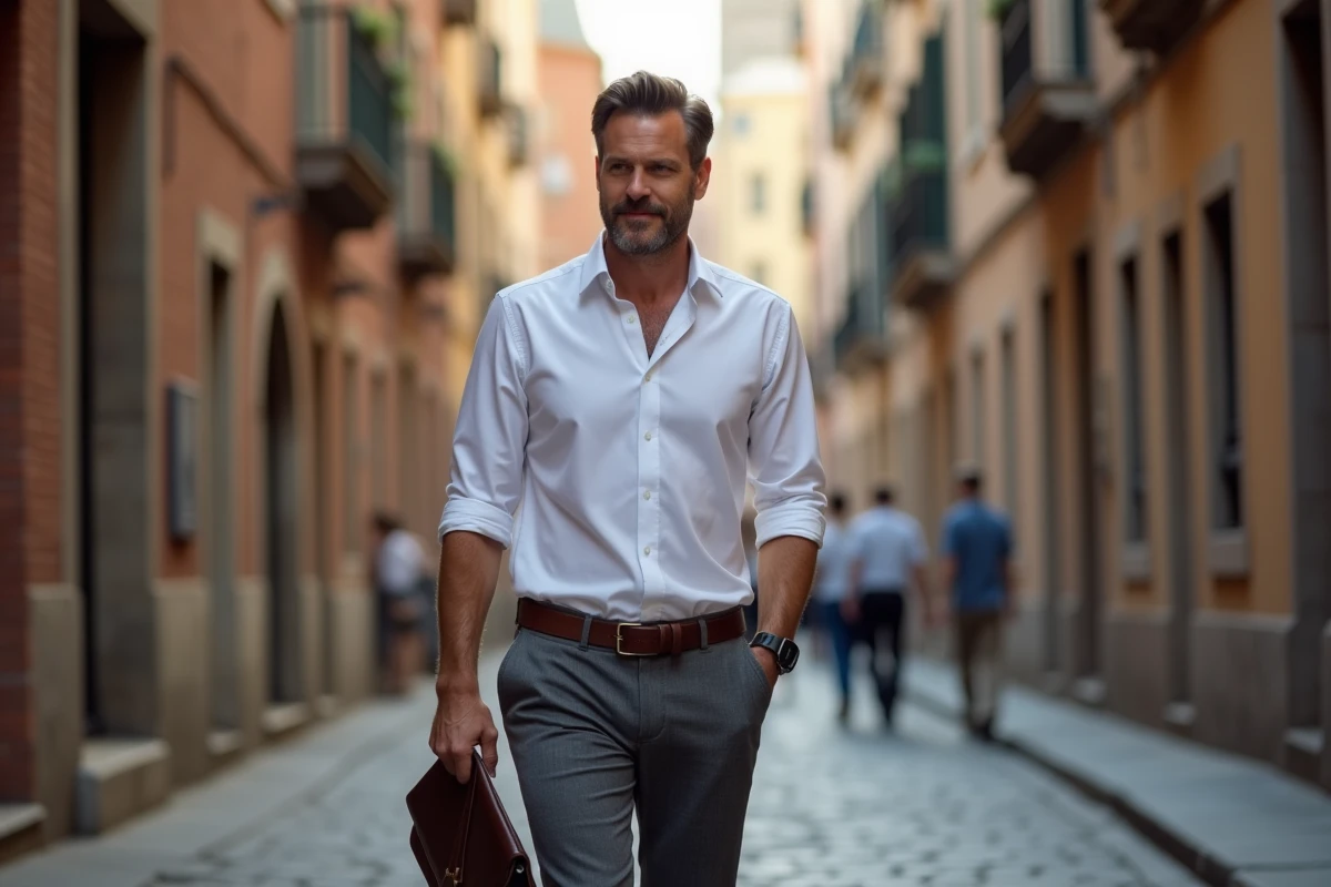 Homme décontracté marchant dans une rue pavée ancienne