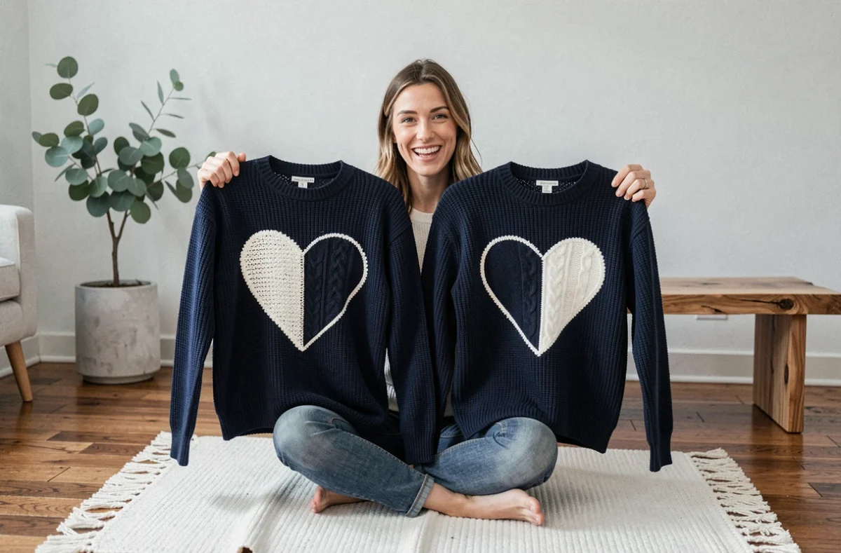 Femme présentant deux pulls personnalisés assortis en laine marine avec motif cœur partagé dans un salon scandinave