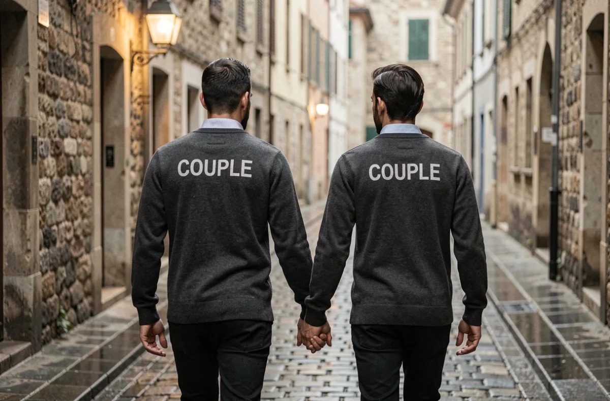 Couple de dos en pulls personnalisés coordonnés gris anthracite marchant sur des pavés mouillés dans une vieille ville européenne