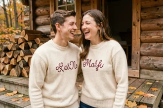 Couple portant des pulls personnalisés assortis avec initiales brodées sur un porche en bois entouré de feuilles d'automne