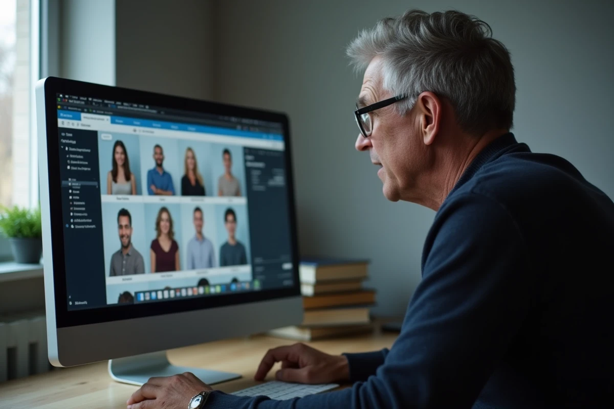Personne recherchant des photos publiques sur un ordinateur de bureau dans un espace de travail à domicile