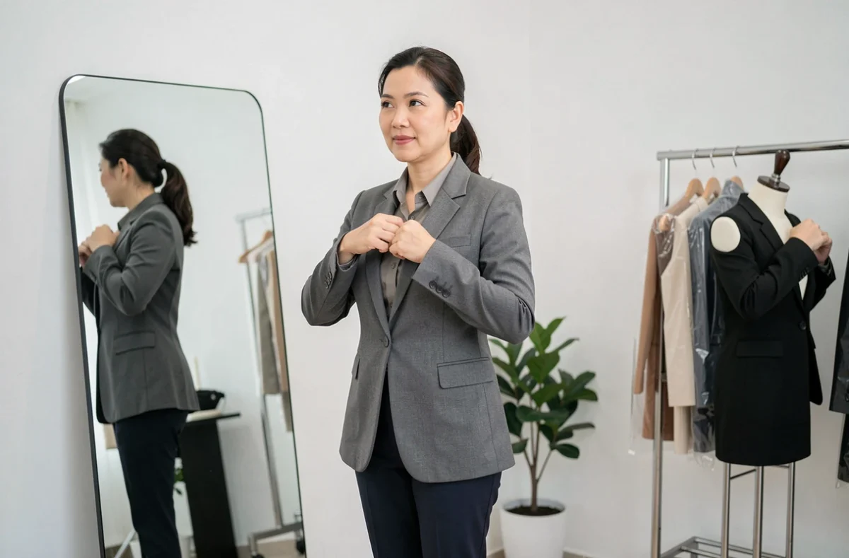 Retoucheuse professionnelle ajustant un blazer sur un mannequin de couture dans son atelier à Valence