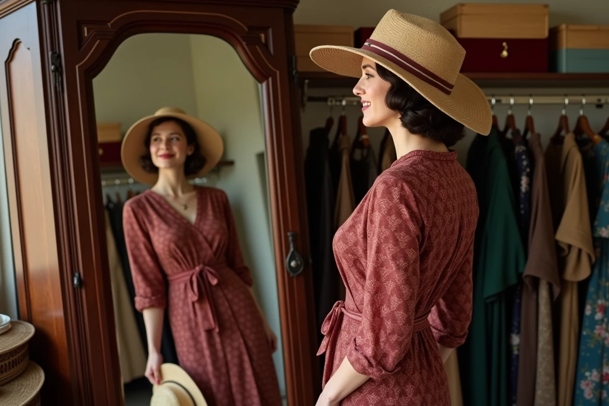 Femme essayant une robe années 30 bordeaux à motif art déco dans une boutique de vêtements vintage