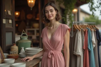 Femme portant une robe années 30 bon marché en tissu crêpe rose poudré dans un marché aux puces vintage français