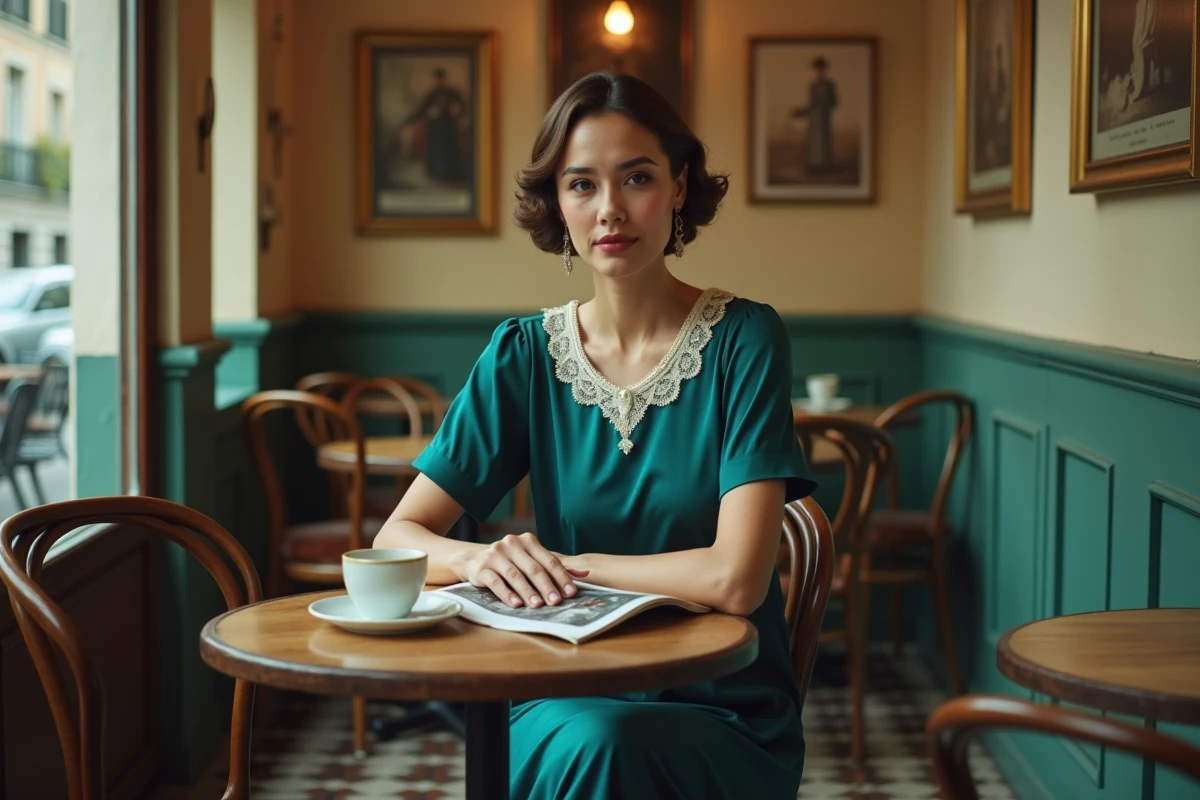 Femme en robe style années 30 pas chère assise dans un bistrot parisien vintage avec détails dentelle