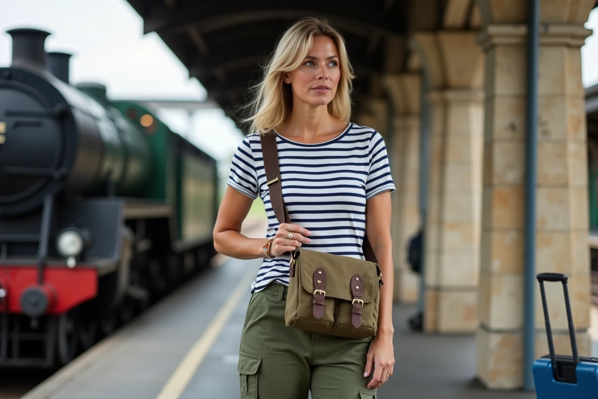 Femme portant un sac bandoulière en toile et cuir sur un quai de gare, parfait pour voyager léger