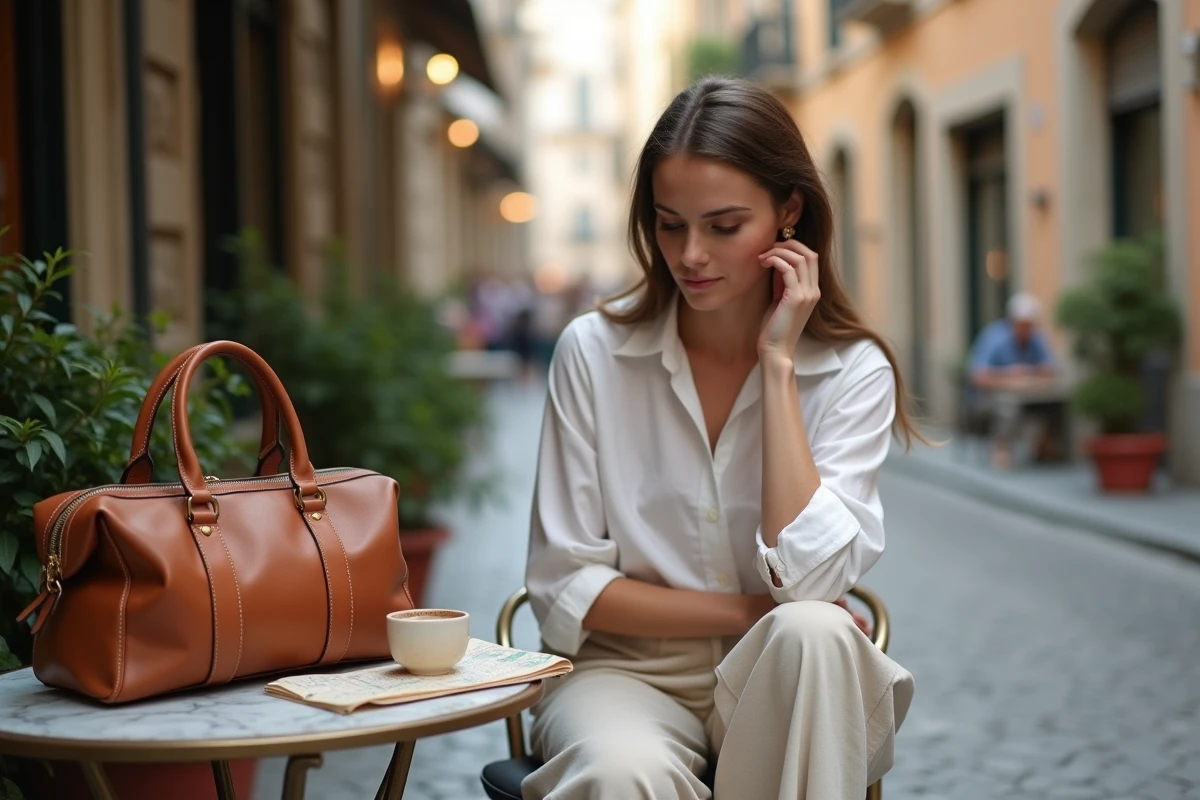 Femme avec un sac bowling en cuir cognac posé sur une chaise de café en Europe lors d'un voyage