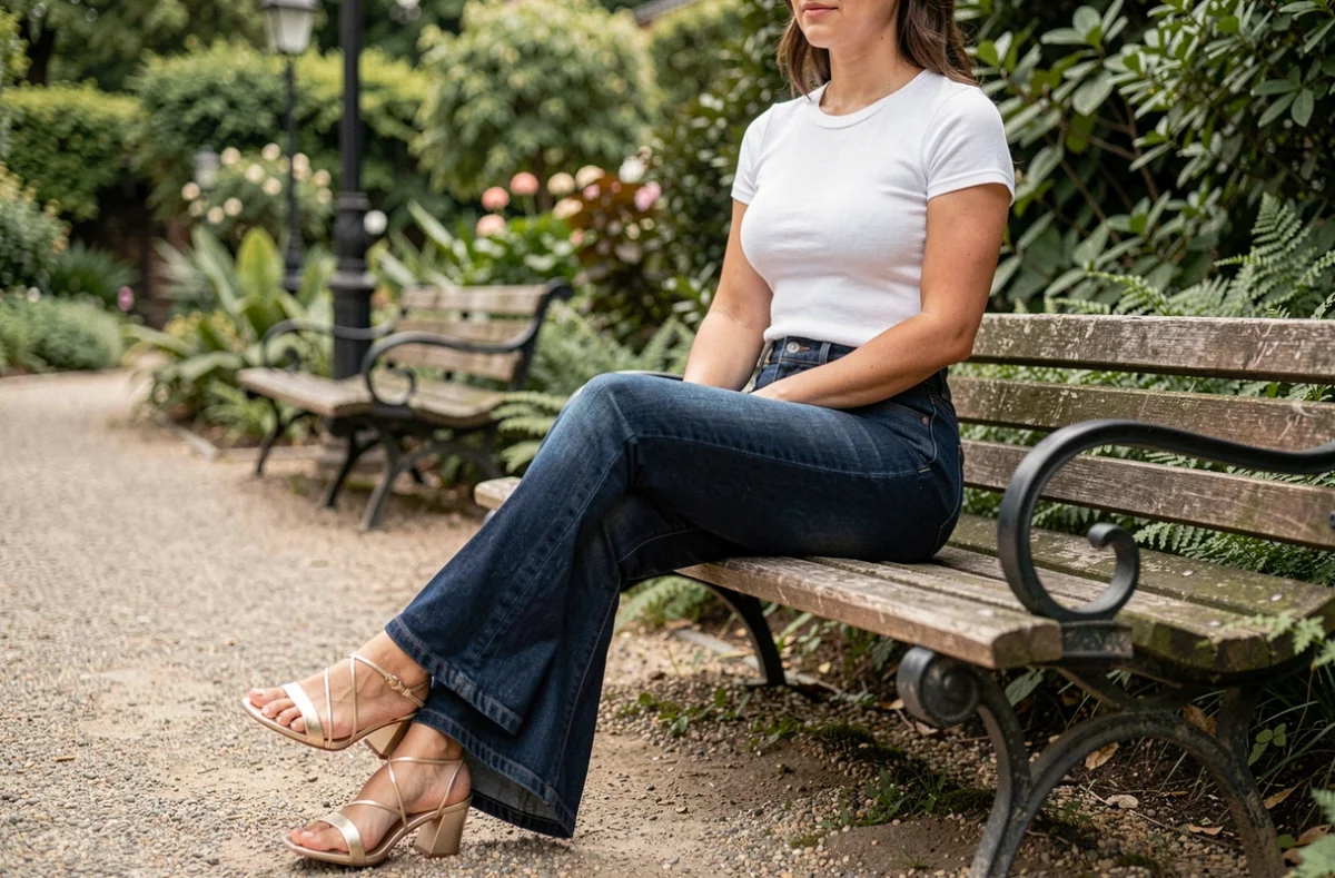 Femme en jean flare indigo avec sandales à bride dorées et petit talon bloc dans un jardin urbain