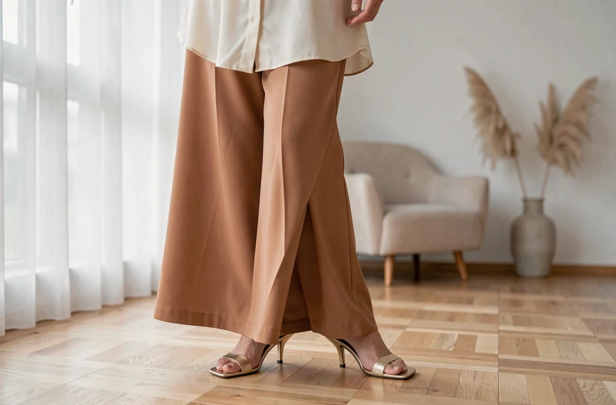 Sandales dorées mules à talon fin sous un pantalon large camel dans un intérieur minimaliste scandinave