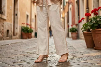 Femme portant un pantalon large en lin crème et des sandales dorées à petit talon kitten heel sur des pavés européens