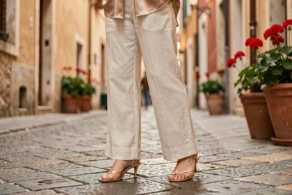 Femme portant un pantalon large en lin crème et des sandales dorées à petit talon kitten heel sur des pavés européens