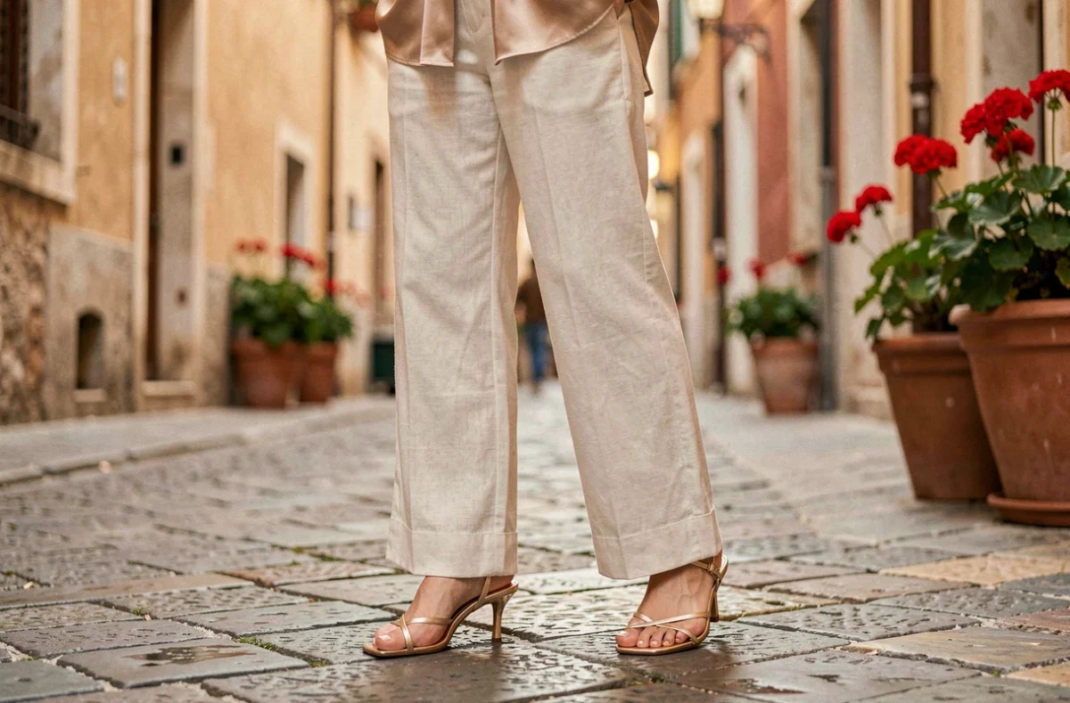 Femme portant un pantalon large en lin crème et des sandales dorées à petit talon kitten heel sur des pavés européens