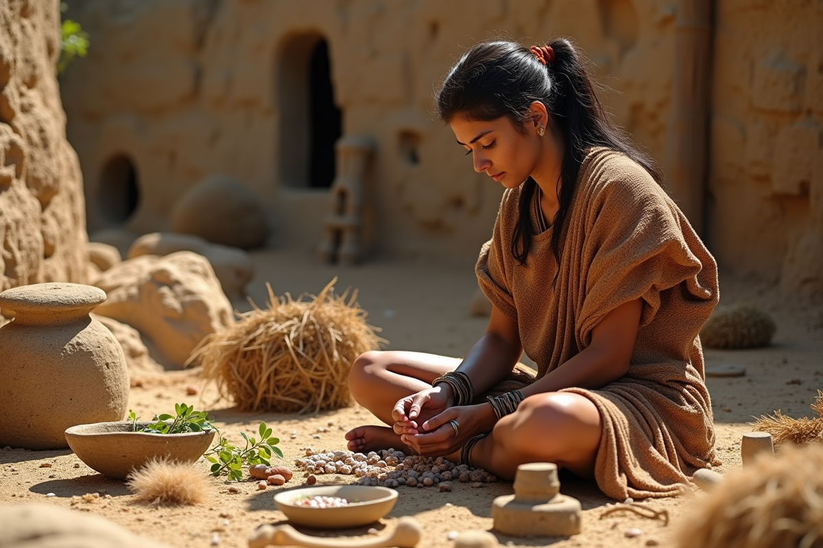 Reconstitution d une scène préhistorique avec textile ancien et fibres naturelles