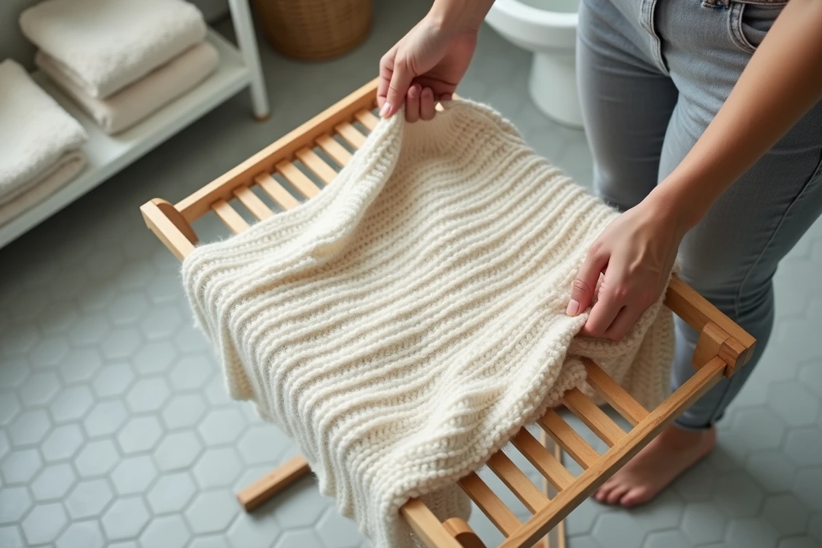 Gros plan sur des mains étalant un pull en laine délicat sur un séchoir pour éviter de déformer les fibres
