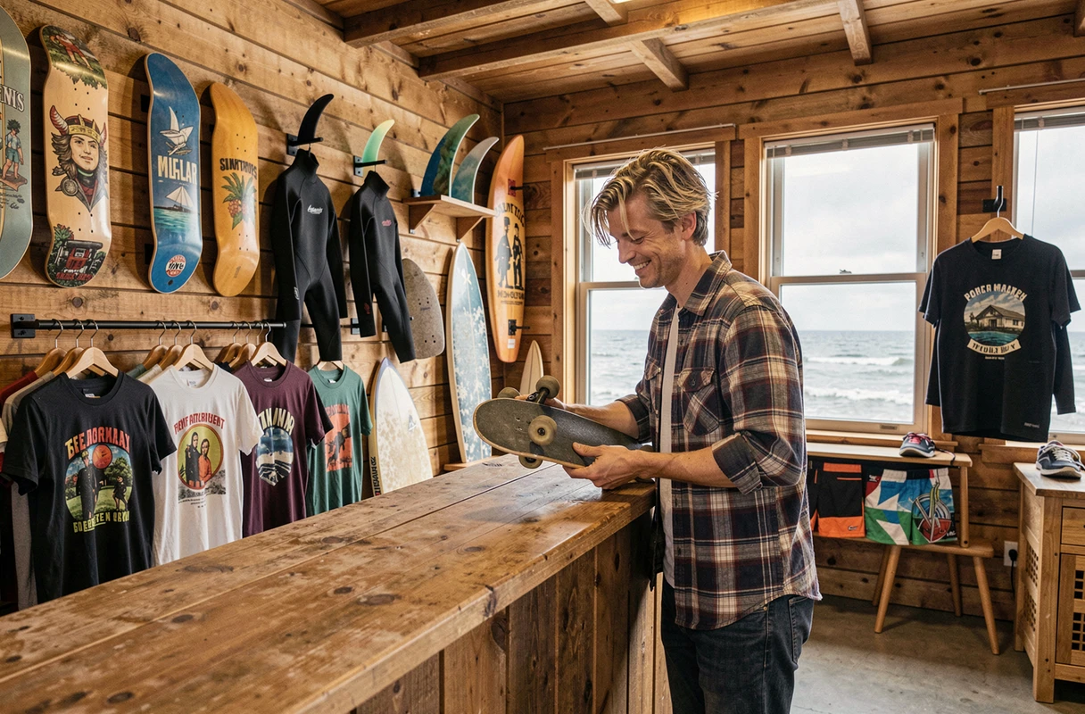 Intérieur du Side Shore Skate Surf Shop avec planches de skate, combinaisons de surf et vêtements côtiers