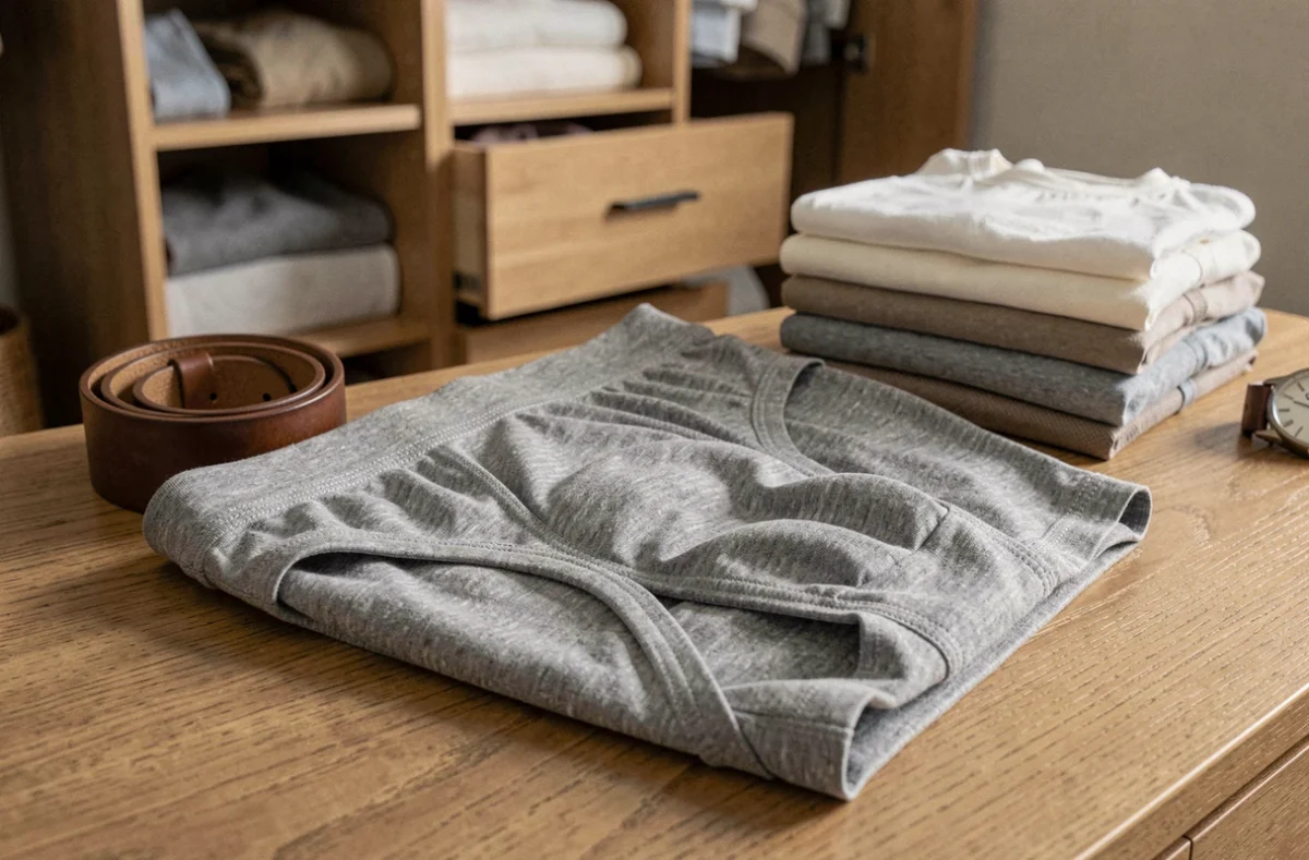 Gros plan sur des slips kangourou gris pour homme posés sur un meuble en bois, mettant en valeur la qualité du tissu et la construction du sous-vêtement
