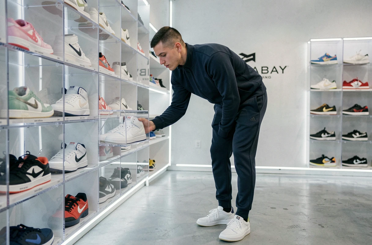 Intérieur de Snatch Sneakers avec murs de baskets en édition limitée et client inspectant une paire de sneakers