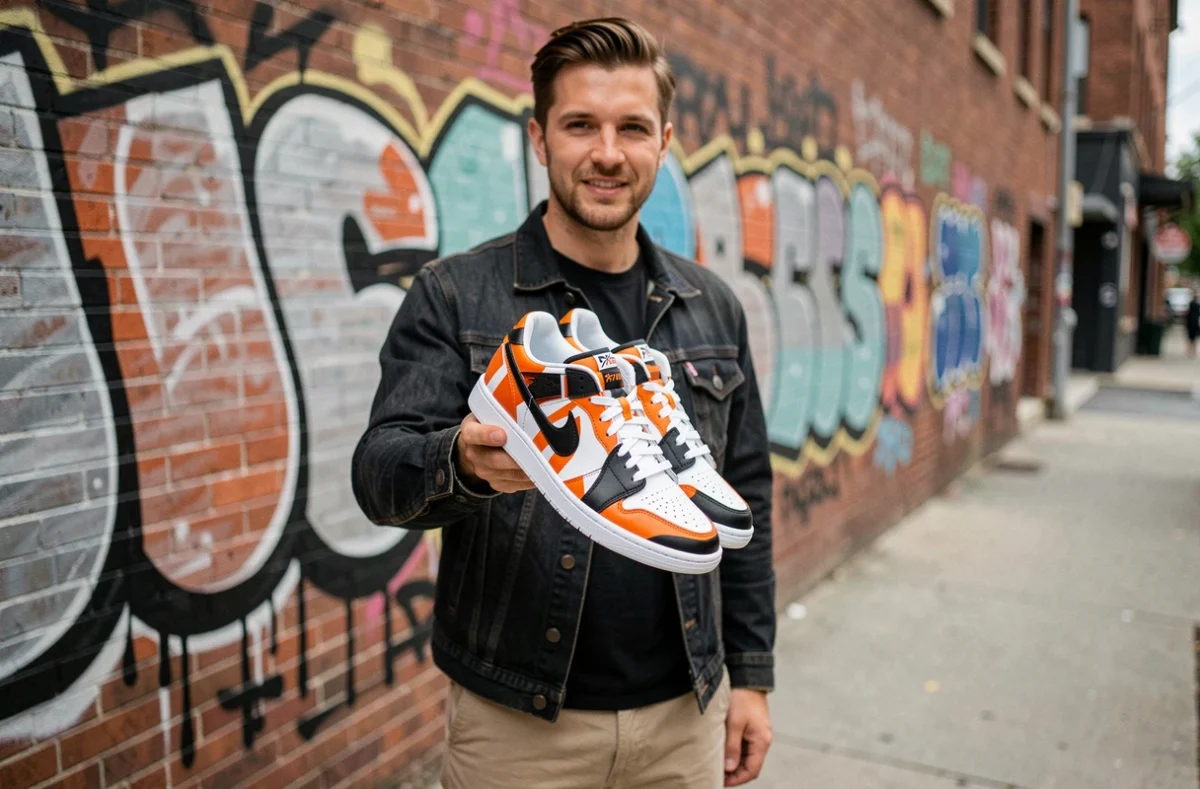 Homme tenant fièrement ses sneakers personnalisées avec des motifs géométriques peints devant un mur urbain