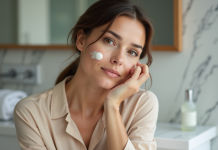 Femme appliquant une creme visage dans une salle de bain moderne