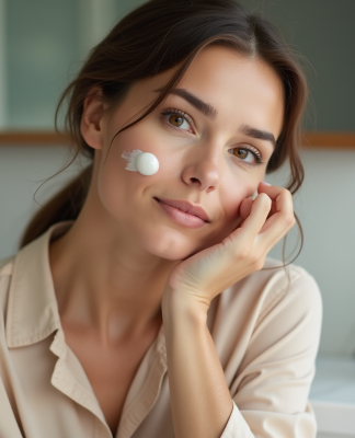 Femme appliquant une creme visage dans une salle de bain moderne