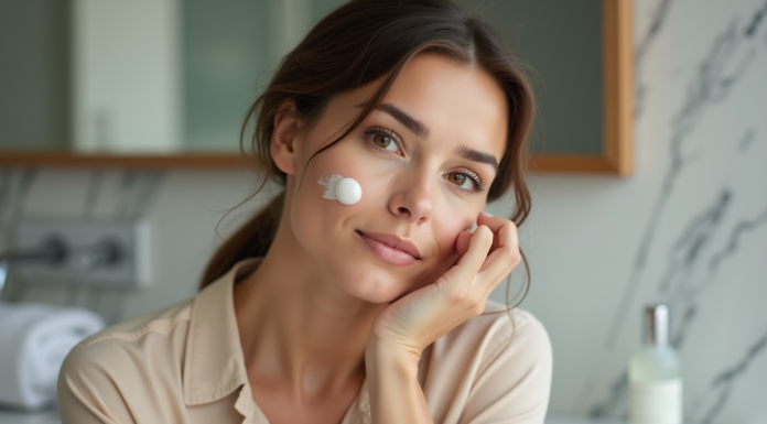 Femme appliquant une creme visage dans une salle de bain moderne