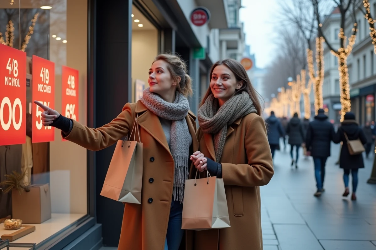 Deux femmes en manteaux d'hiver discutant devant une vitrine de magasin affichant des promotions de soldes dans une rue commerçante