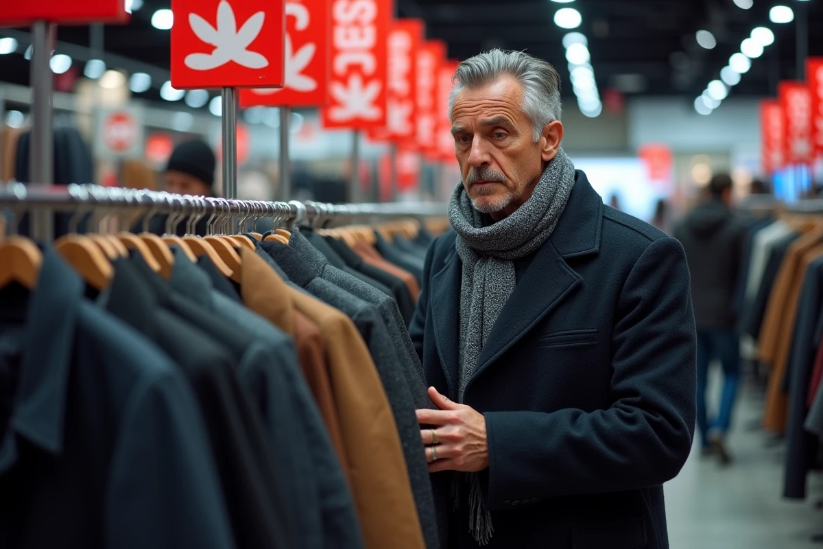 Homme en manteau de laine inspectant des vêtements soldés dans un magasin de prêt-à-porter pendant les soldes d'hiver
