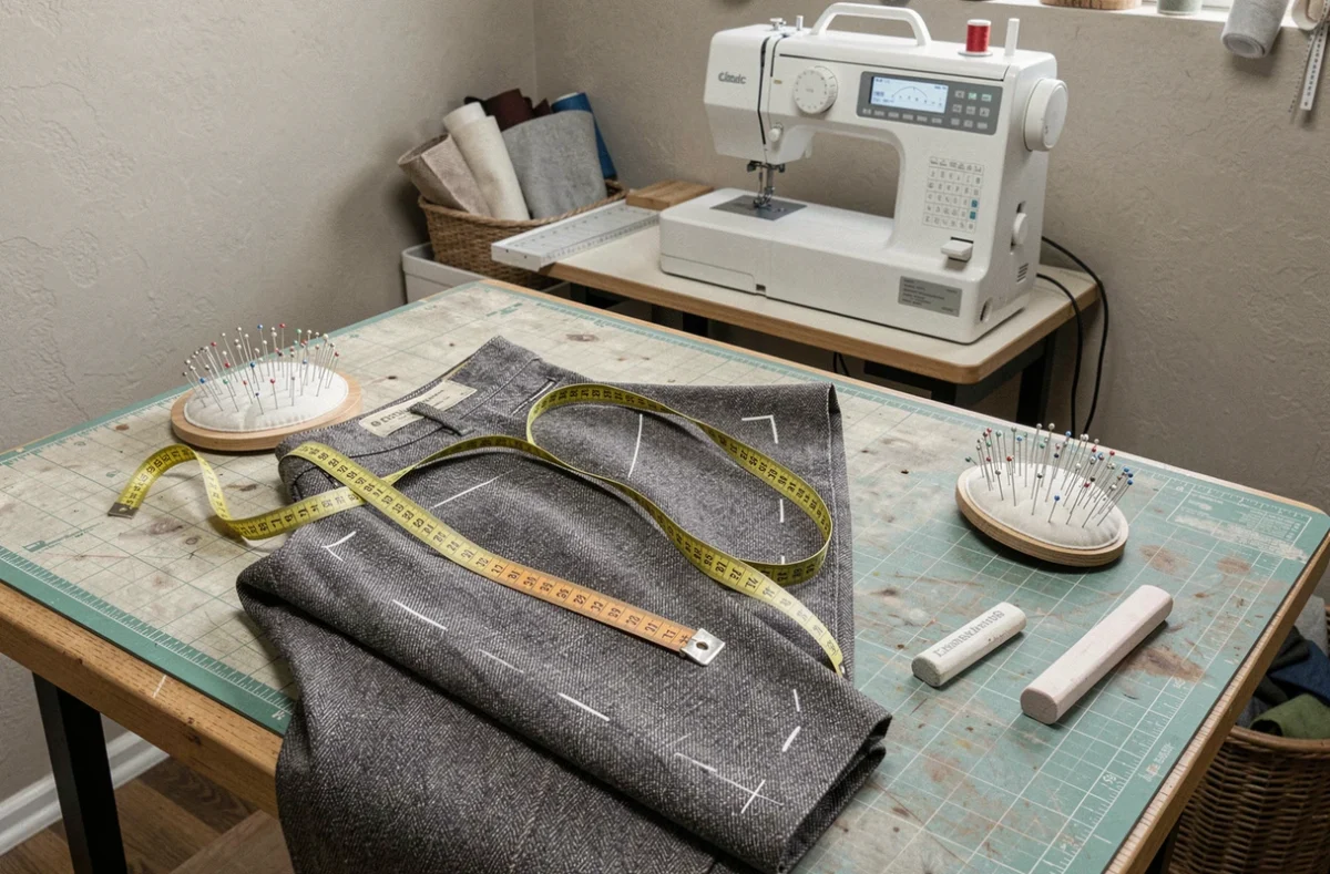 Table de travail d'un atelier de retouche avec pantalon épinglé, mètre ruban et craie de tailleur à Valence