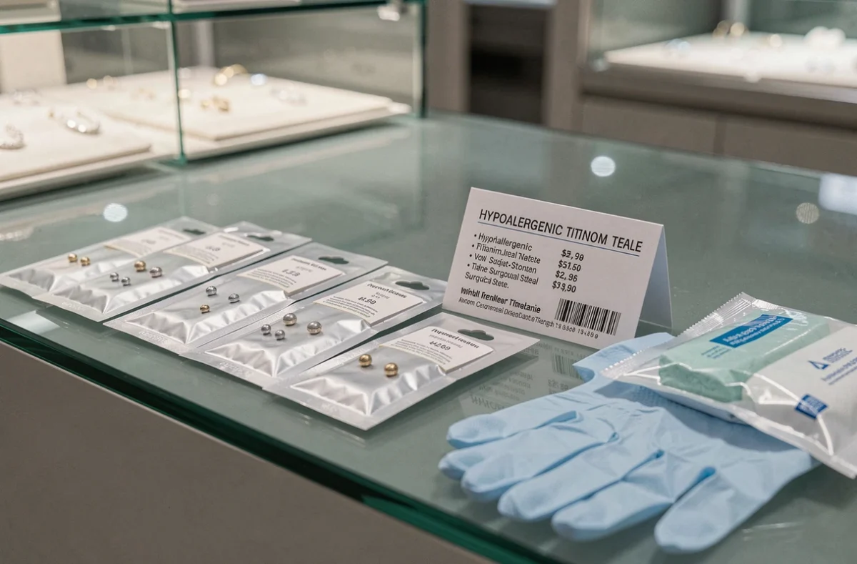Présentation de bijoux hypoallergéniques stériles et tarifs de perçage d'oreilles sur le comptoir d'une bijouterie professionnelle
