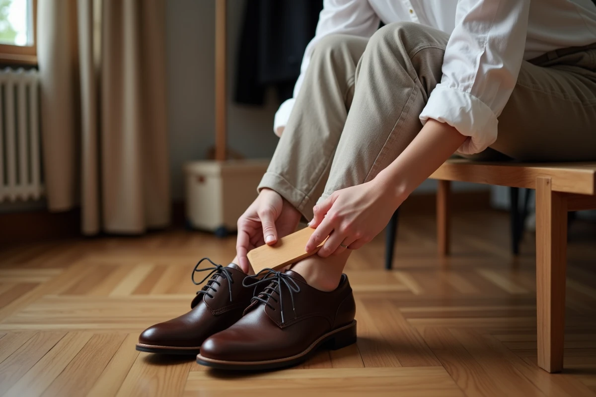 Femme utilisant un tendeur en bois pour agrandir une chaussure en cuir marron à domicile