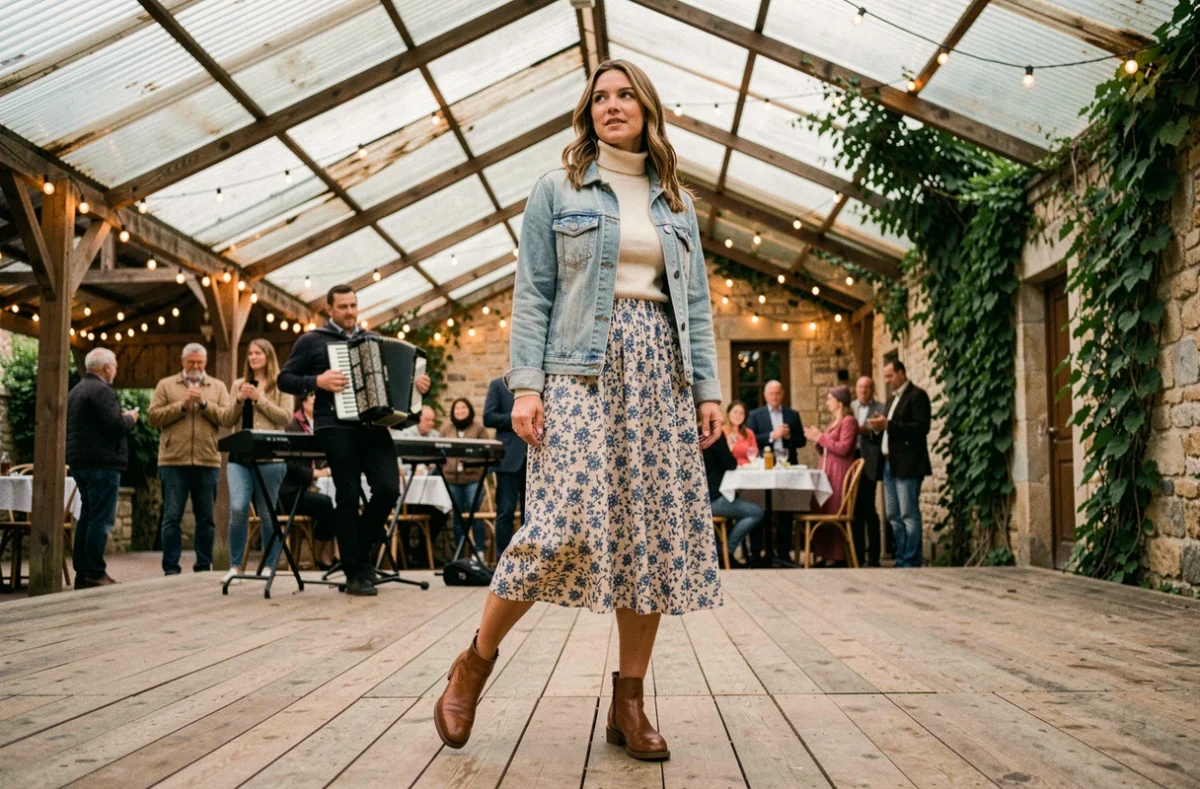 Femme en jupe smockée fleurie, col roulé et veste en jean sur une piste de danse d'une guinguette couverte en mi-saison avec accordéoniste en arrière-plan