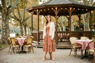 Femme en robe fleurie mi-longue et cardigan crème dans un cadre guinguette d'automne avec kiosque à musique vintage et tables en terrasse