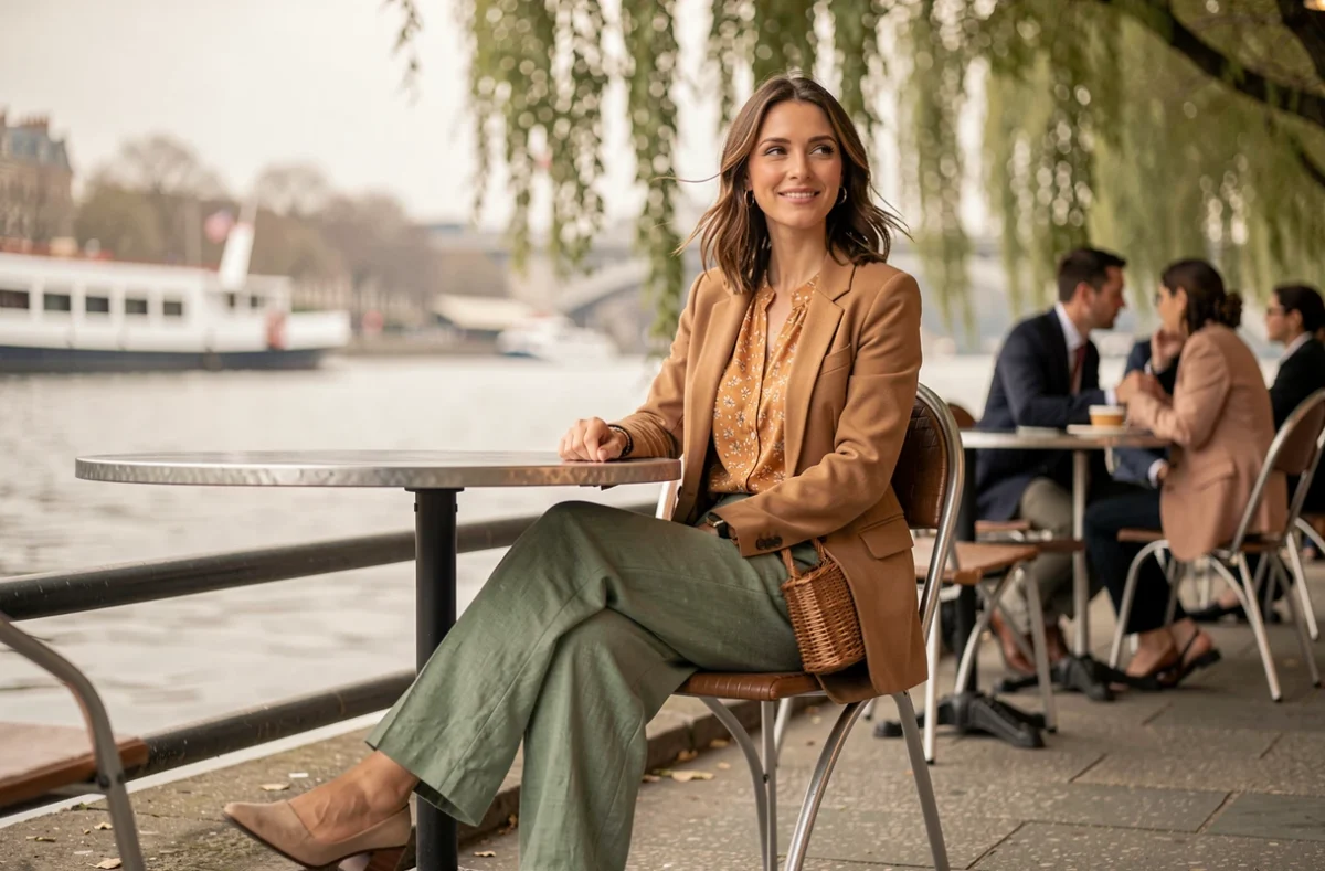 Femme en pantalon lin vert sauge, blouse fleurie et blazer camel attablée dans une guinguette en bord de Seine à la mi-saison