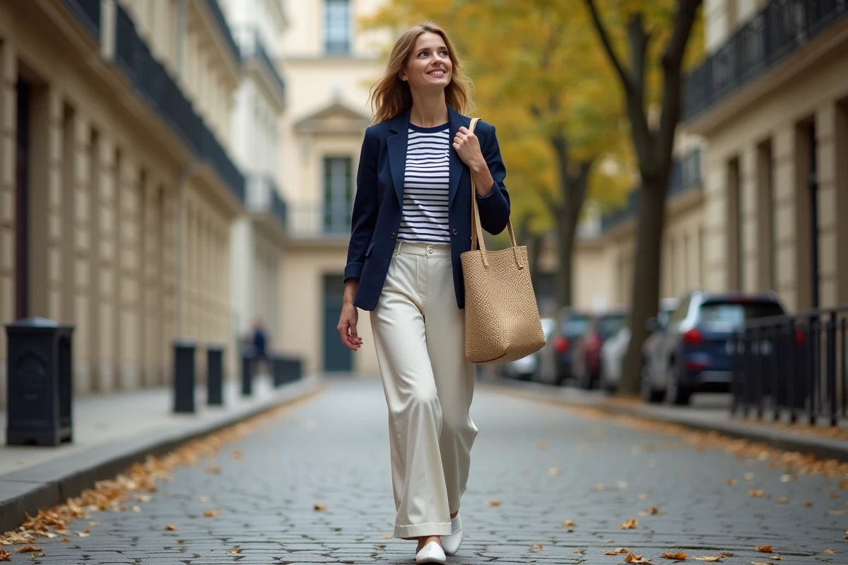 Femme élégante en tenue Kiabi tendance dans une rue parisienne, look casual chic du quotidien
