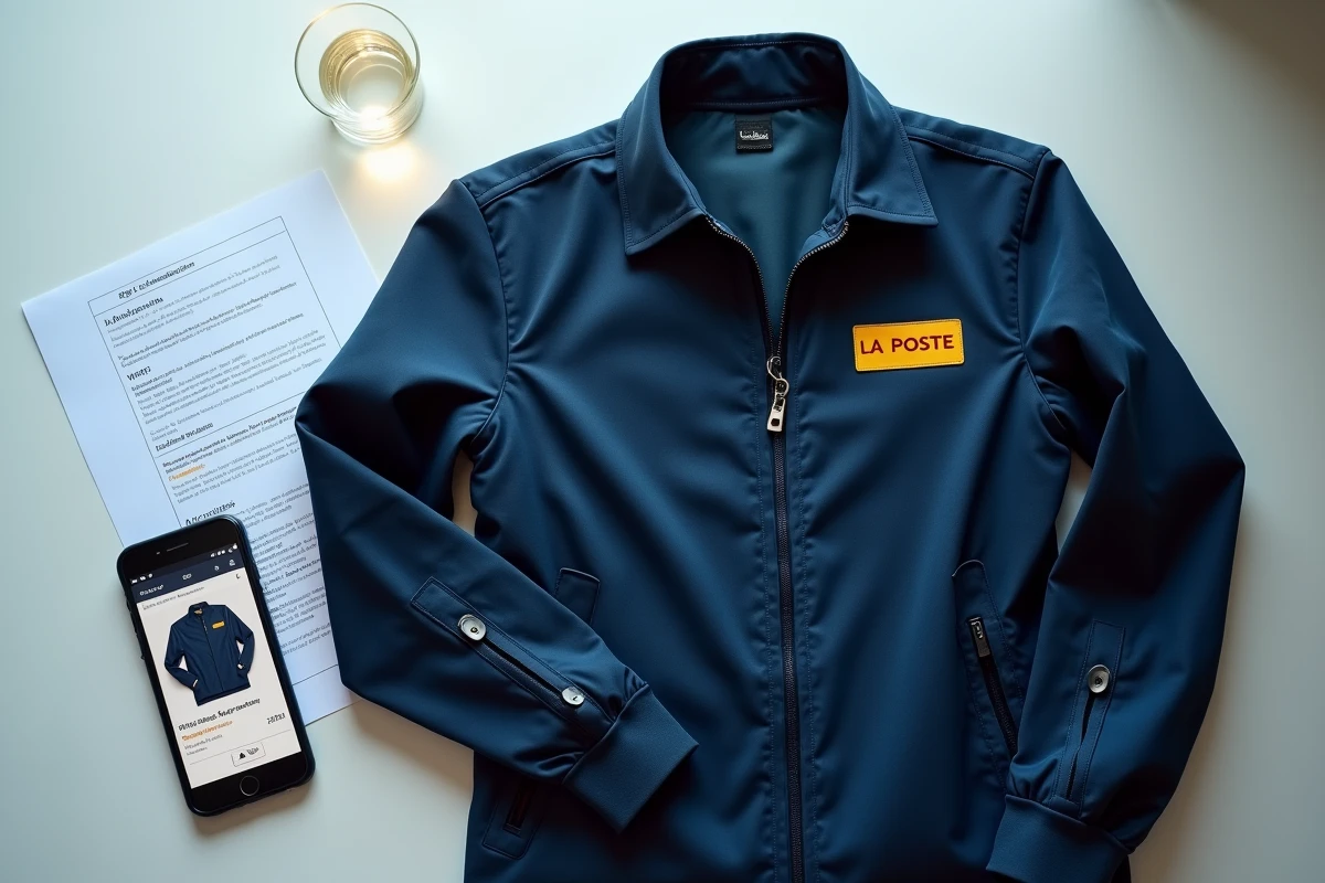 Veste uniforme La Poste avec confirmation de commande habillement et interface monespace sur smartphone