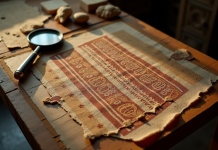 Fragment de tissu ancien exposé sur une table en bois avec outils archéologiques