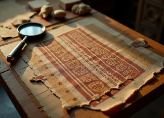 Textile le plus ancien du monde : Découvrez son histoire et ses secrets Fragment de tissu ancien exposé sur une table en bois avec outils archéologiques